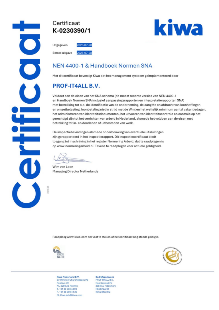 NEN 4400-1-certificaat van Prof-IT4all, uitgegeven door Kiwa