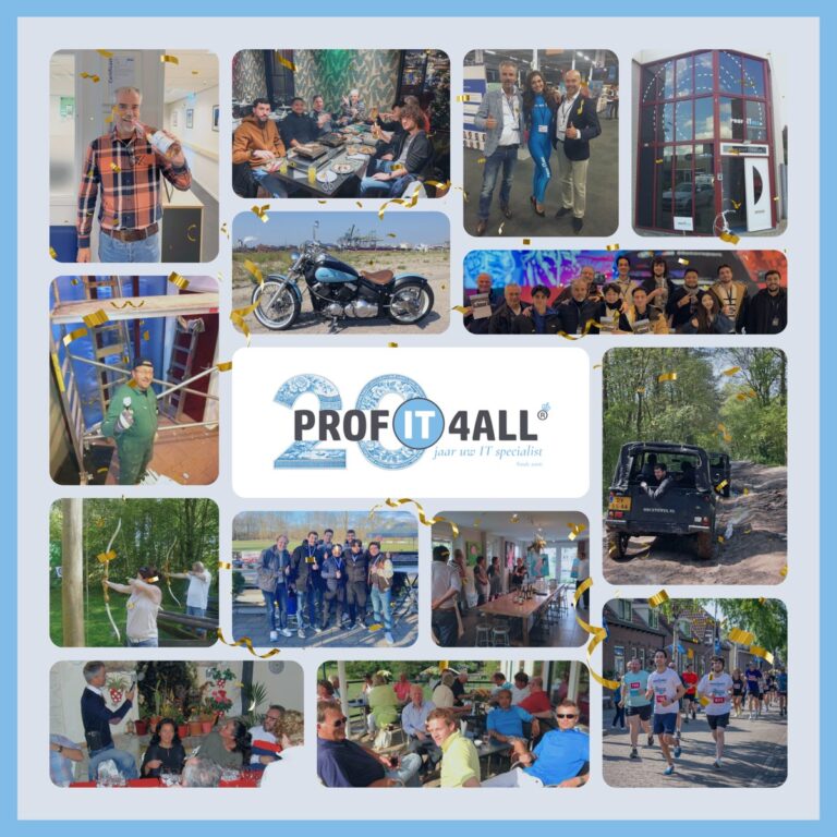 20 jaar Prof-IT4all – collage van collega’s, werkuitjes en evenementen